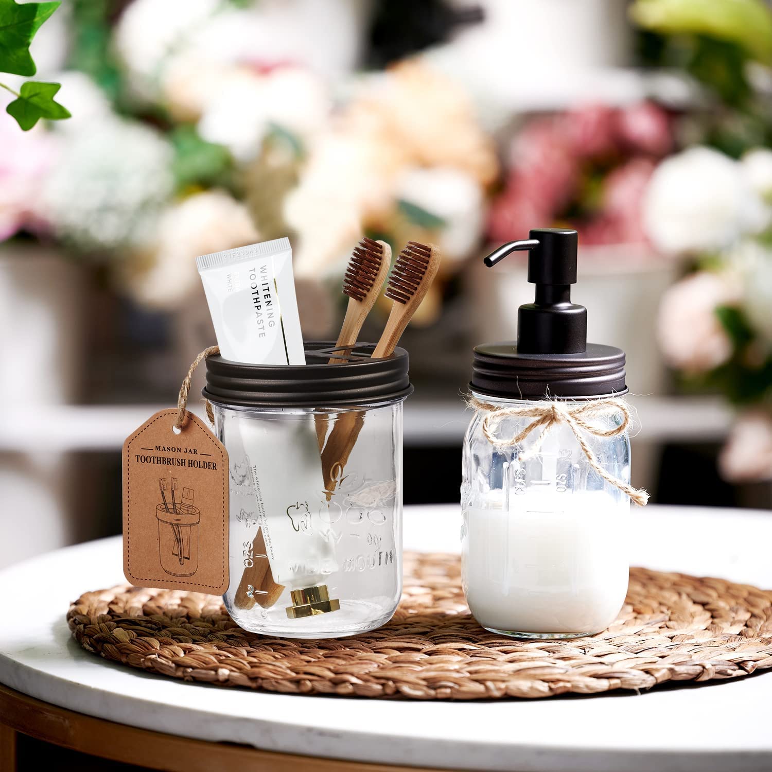 Amolliar Mason Jar Toothbrush Holder- Rustproof Stainless Steel - Holds 2 Toothbrushes And Toothpaste,With Chalkboard Labels - F